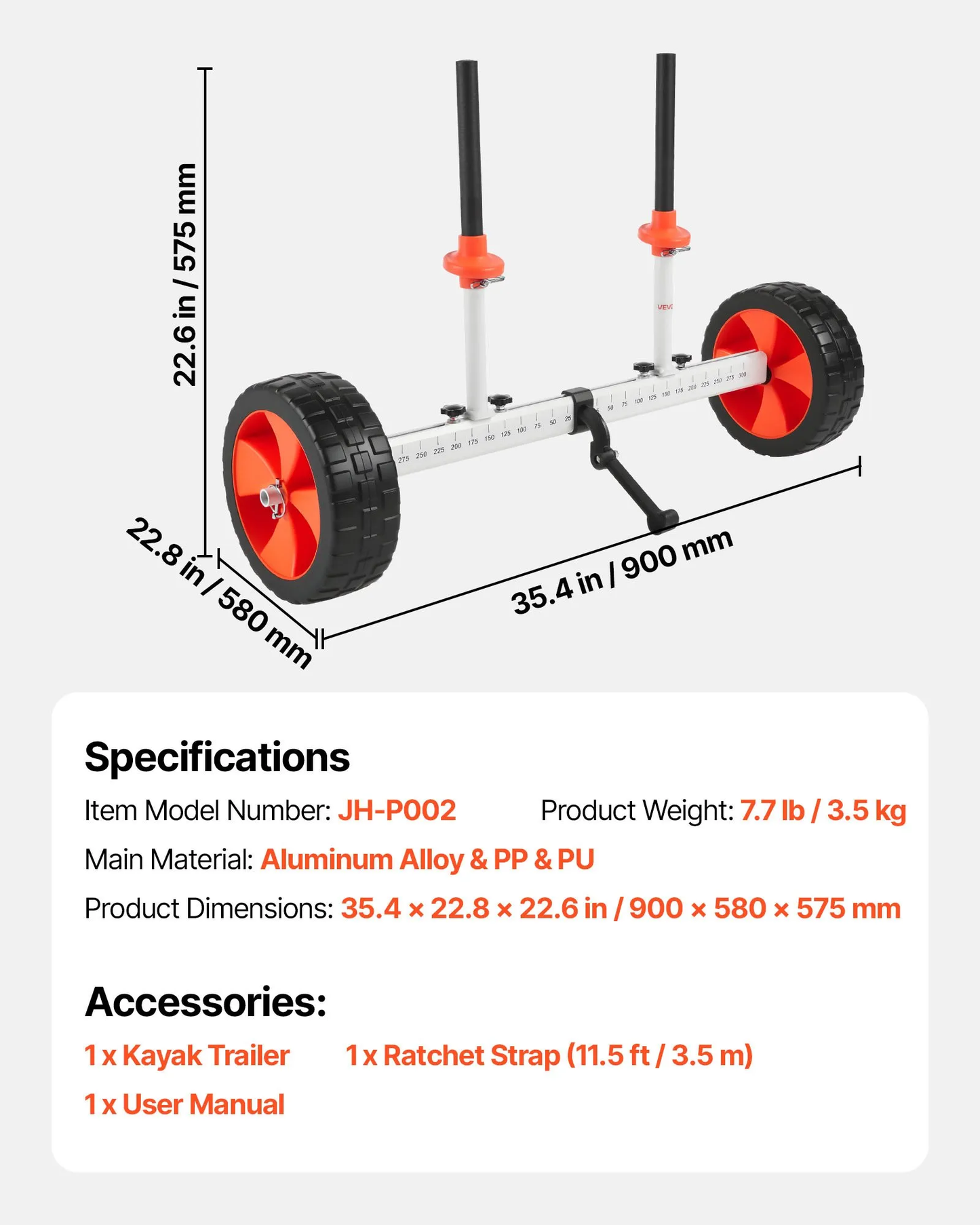 VEVOR Kayak Cart, 230 lbs Load Capacity, Canoe Cart Dolly with 10-inch Solid PU Tires & Kickstand,-$35