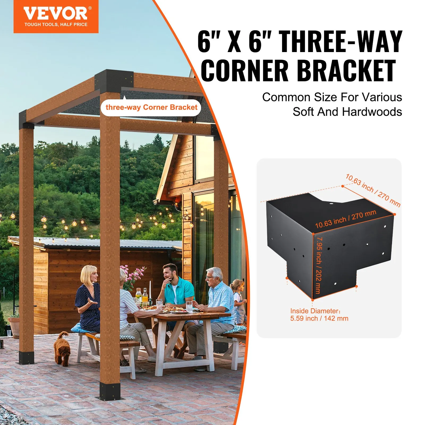 VEVOR Pergola Bracket Kit 6''x6''(Inner Size 5.6x5.6), 4pcs 3-Way Heavy Duty Corner Bracket,-$75