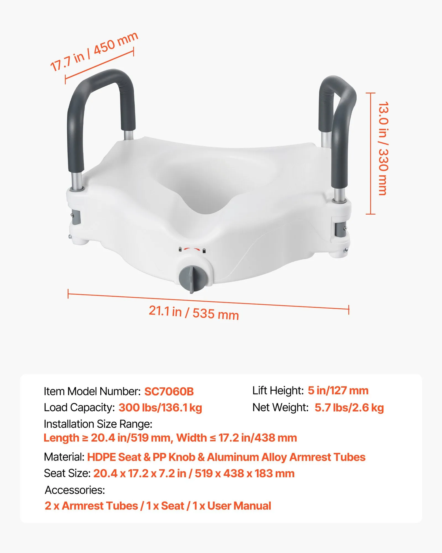 VEVOR Raised Toilet Seat with Arms, 300 lbs Load Capacity, 5-Inch Lift Height, Widened Commode,-$40