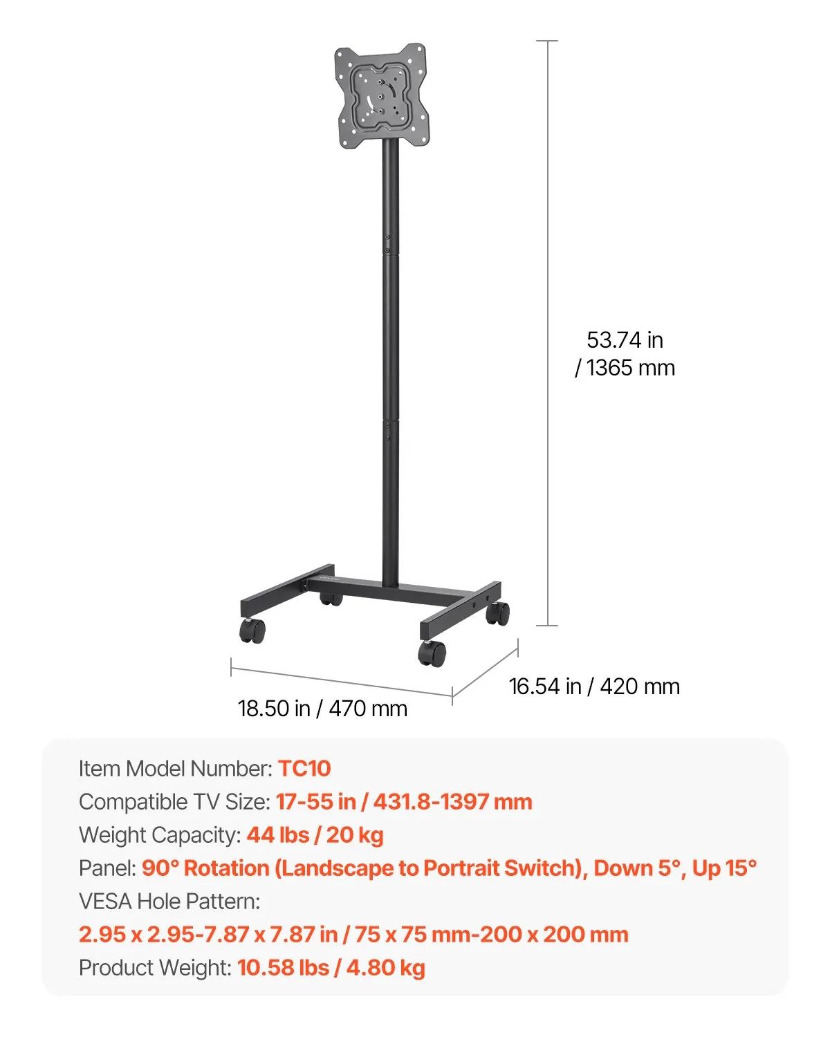 VEVOR Rolling TV Stand, Mobile TV Cart for 17-55 Inch Screens, Portrait to Landscape,-$35
