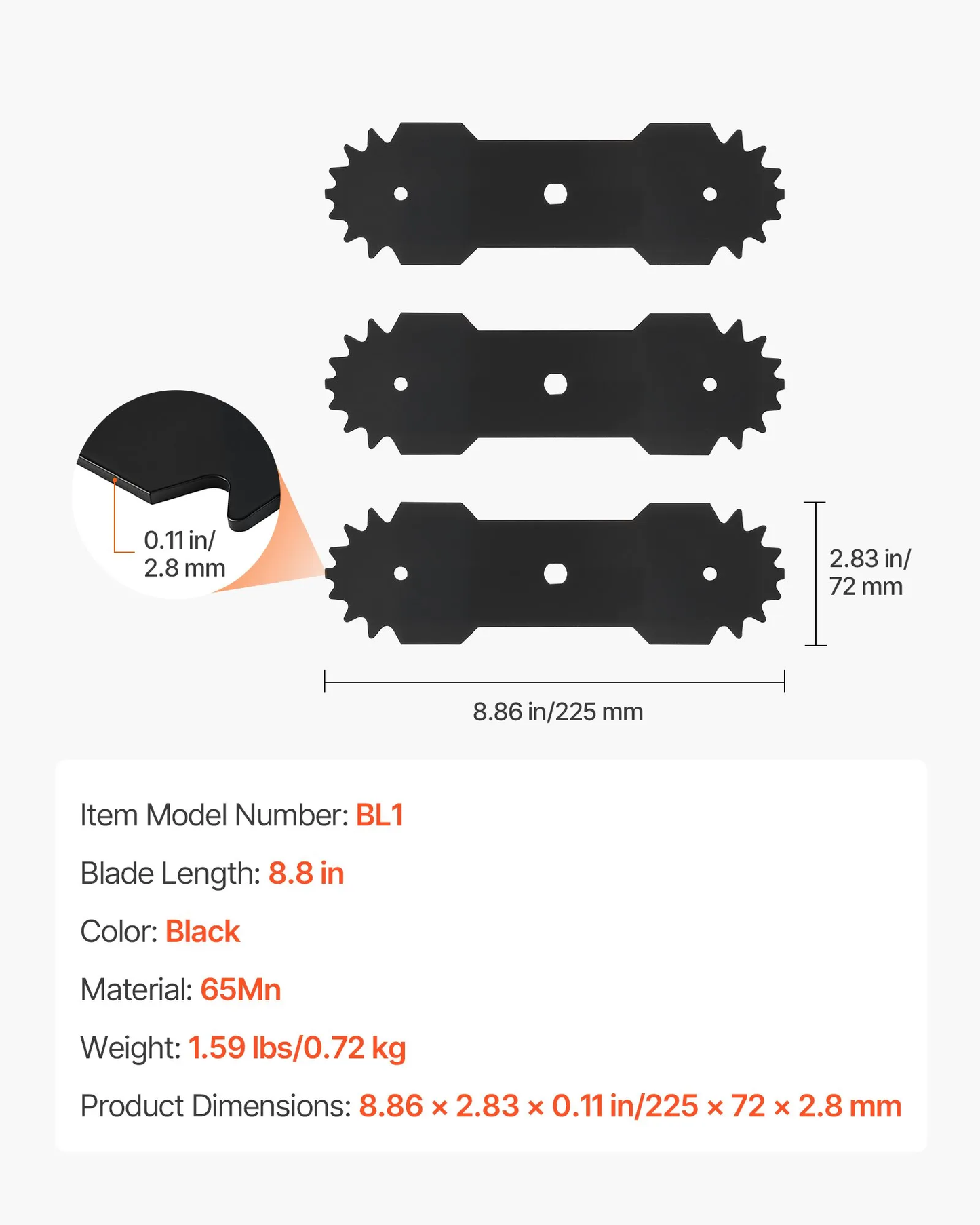 VEVOR Electric Edger Blades, 8.8-inch Length, 3-Pack Replacement Blades, 65Mn High,-$15