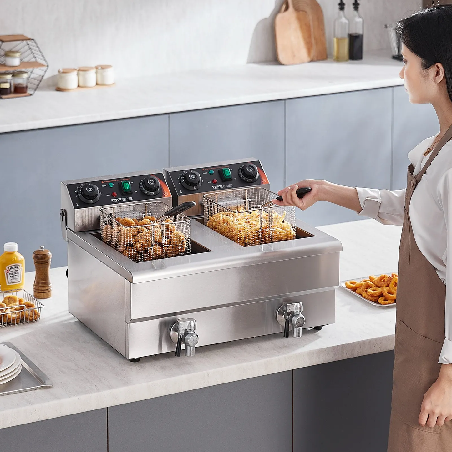 Open box, 90% new VEVOR Commercial Deep Fryer, Dual Tank 3000W Electric Countertop Fryer w/Basket,-$110
