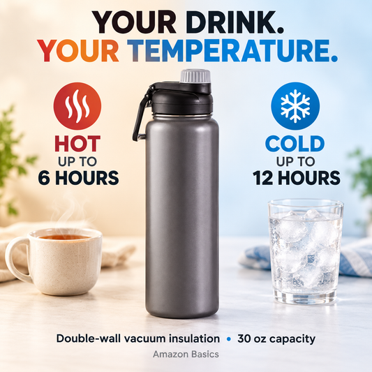 BNIB - Amazon Basics Stainless Steel Insulated Water Bottle, Spout Lid, 30 oz, Grey