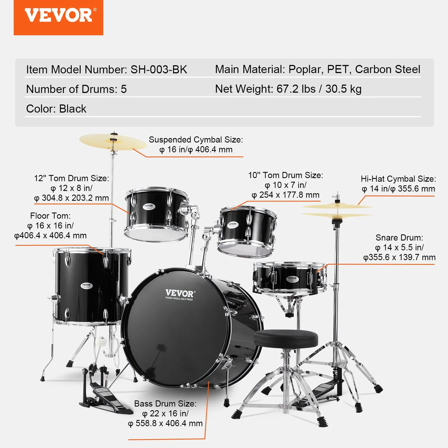 VEVOR Adult Drum Set, 5-Piece, 22 inches Complete Full Size Drum Kit with Bass Toms Snare Floor,-$260