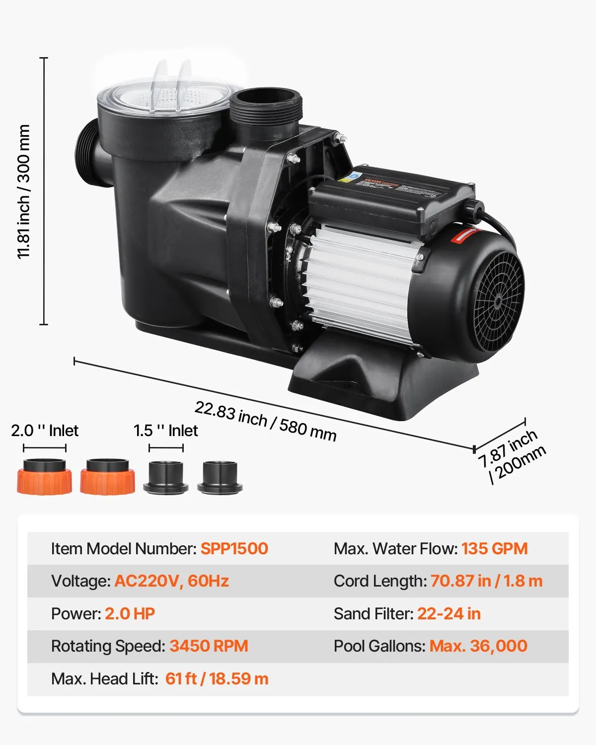 VEVOR Above Ground Pool Pump, 2 HP, 135 GPM Max Flow Single Speed Swimming Pool Pump,-$140
