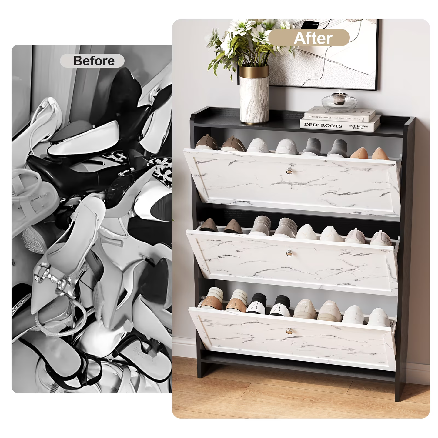 BNIB-Marble Textured 3-Tier Shoe Cabinet, Modern Wooden Shoe Organizer for Entryway,Hallway, -$120