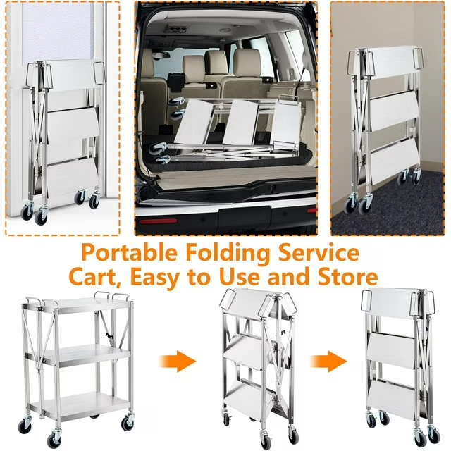 BNIB-Foldable 3 Tier Metal Utility Rolling Cart, 25 x 15.8 x 37.8", 440 lbs Load Capacity, Silver,-$180