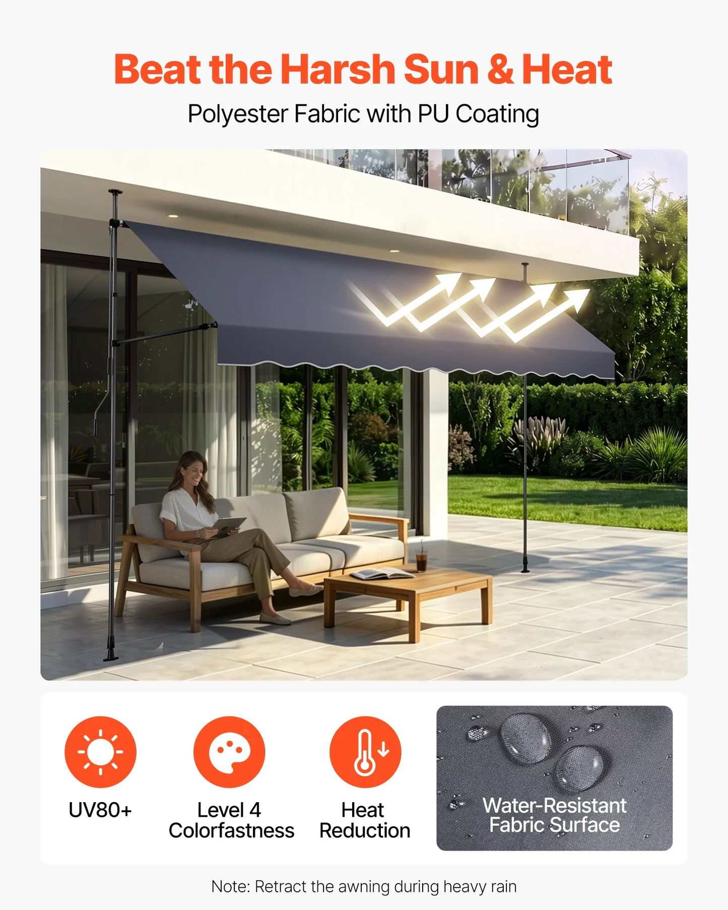 VEVOR Manual Retractable Awning, 138" Outdoor Retractable Patio Awning Sunshade Shelter,-$75
