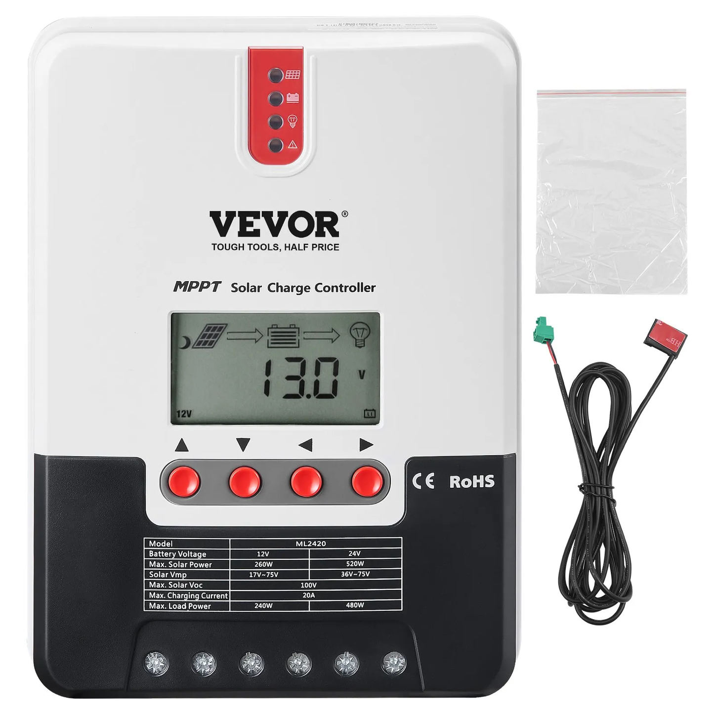VEVOR 20A MPPT Solar Charge Controller, 12V / 24V Auto DC Input, Solar Panel Regulator Charger,-$55