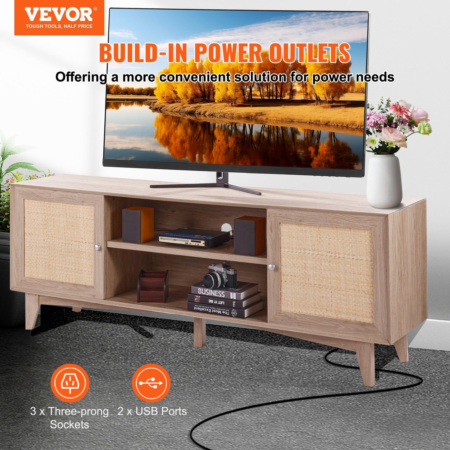 BNIB-VEVOR Rattan TV Stand for 75" TV Boho TV Stand with Build-in Socket Oak,-$220