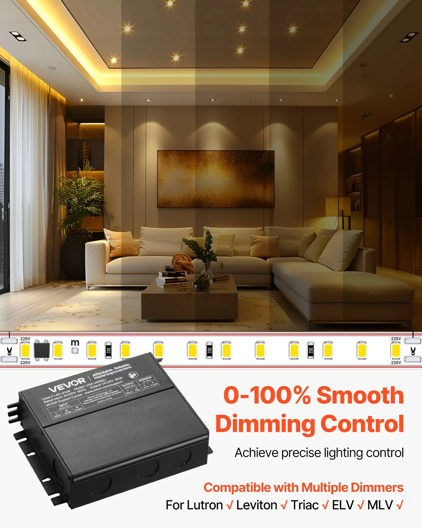 VEVOR 60W Dimmable LED Driver, 24V, Triac/ELV/MLV AC to DC Power Supply Transformer,-$35