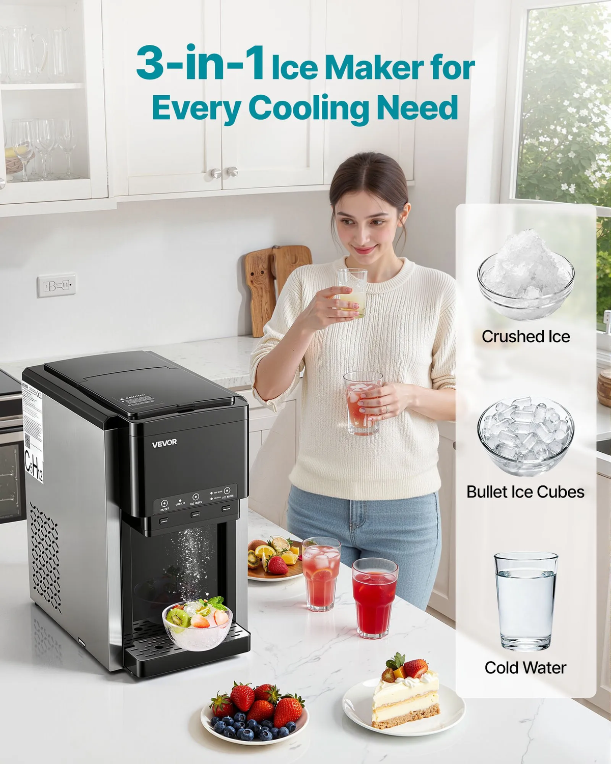 VEVOR Water Dispenser with Ice Maker,3-in-1 Countertop Water Dispenser,35 LBS/24H, 12 Cubes/7 Min Fast Ice Making with 4 LBS Storage,Bullet/Crushed
