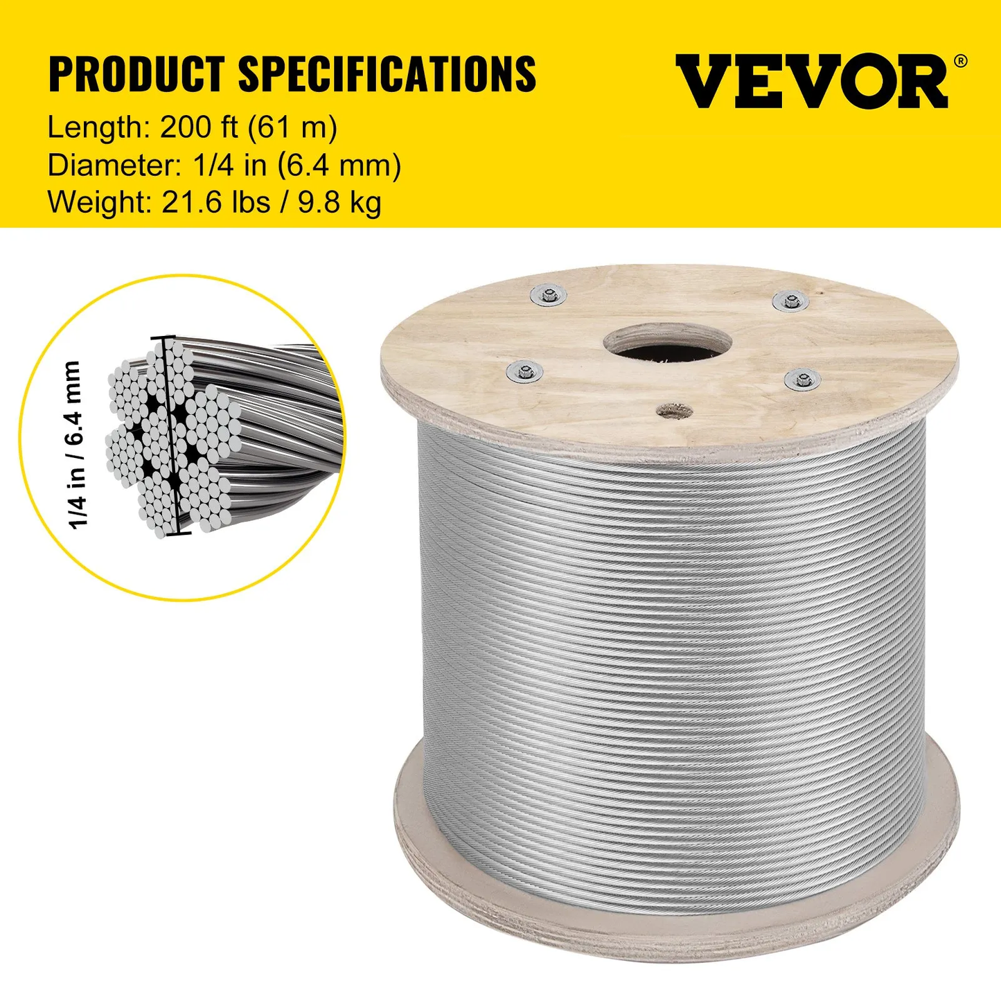 VEVOR 1/4" Stainless Steel Cable 200FT, T304 7x19 Tighter Core Cable Railing System Wire Rope,-$65