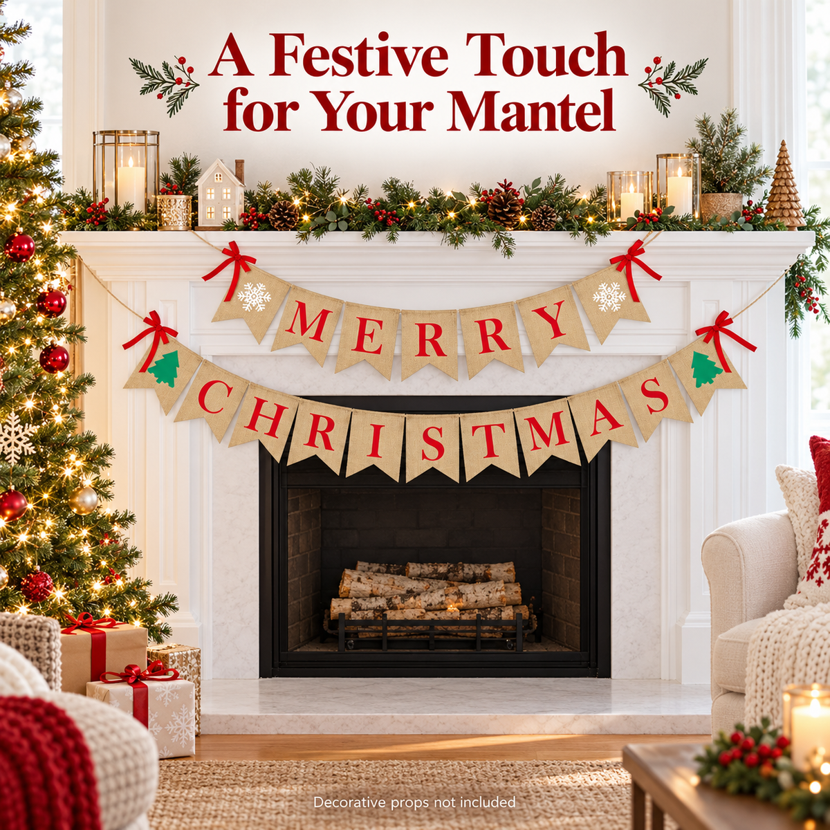 Brand New Merry Christmas Burlap Banner Set with 4 Red Bows,-$5
