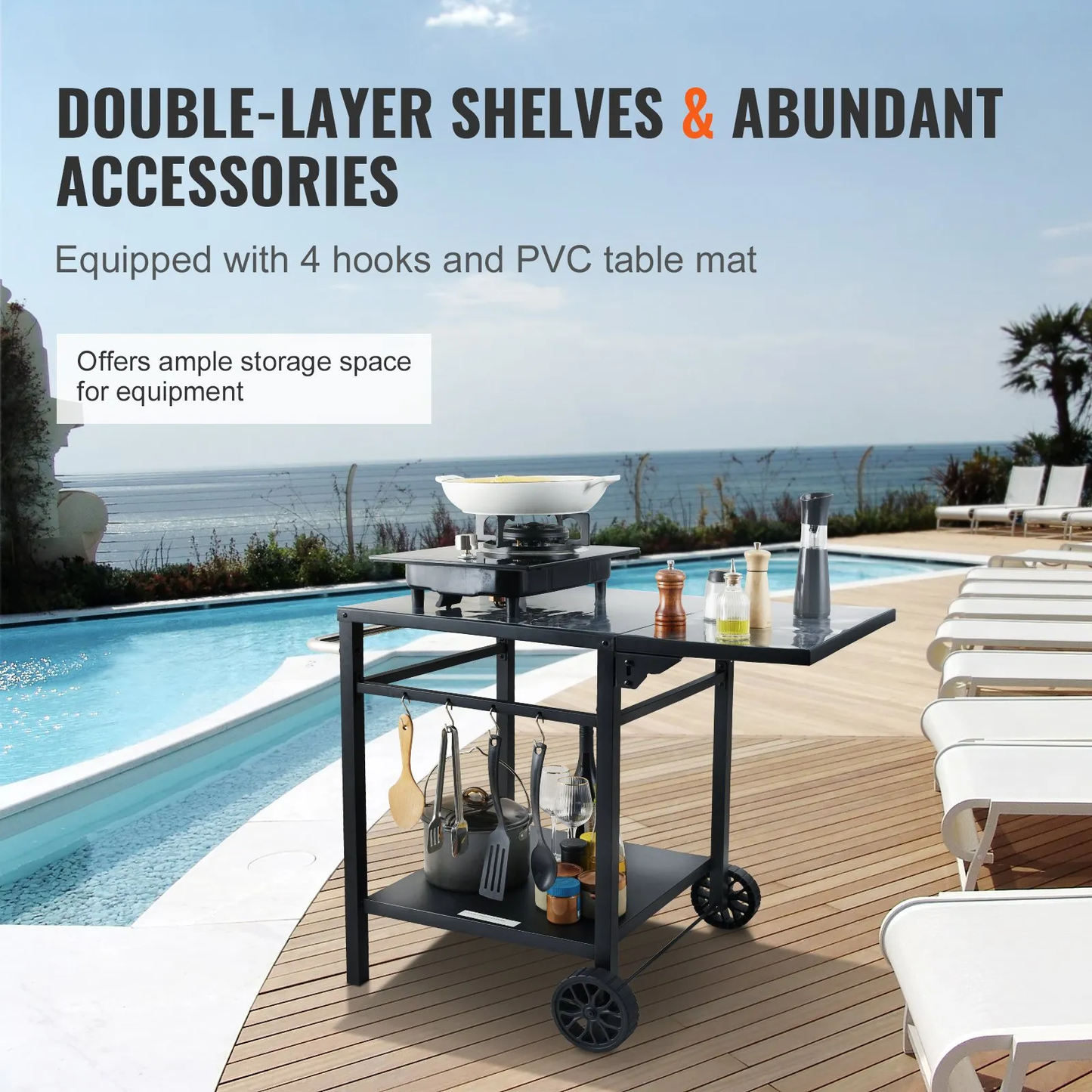 VEVOR Outdoor Grill Dining Cart with Double-Shelf, BBQ Movable Food Prep Table,-$75