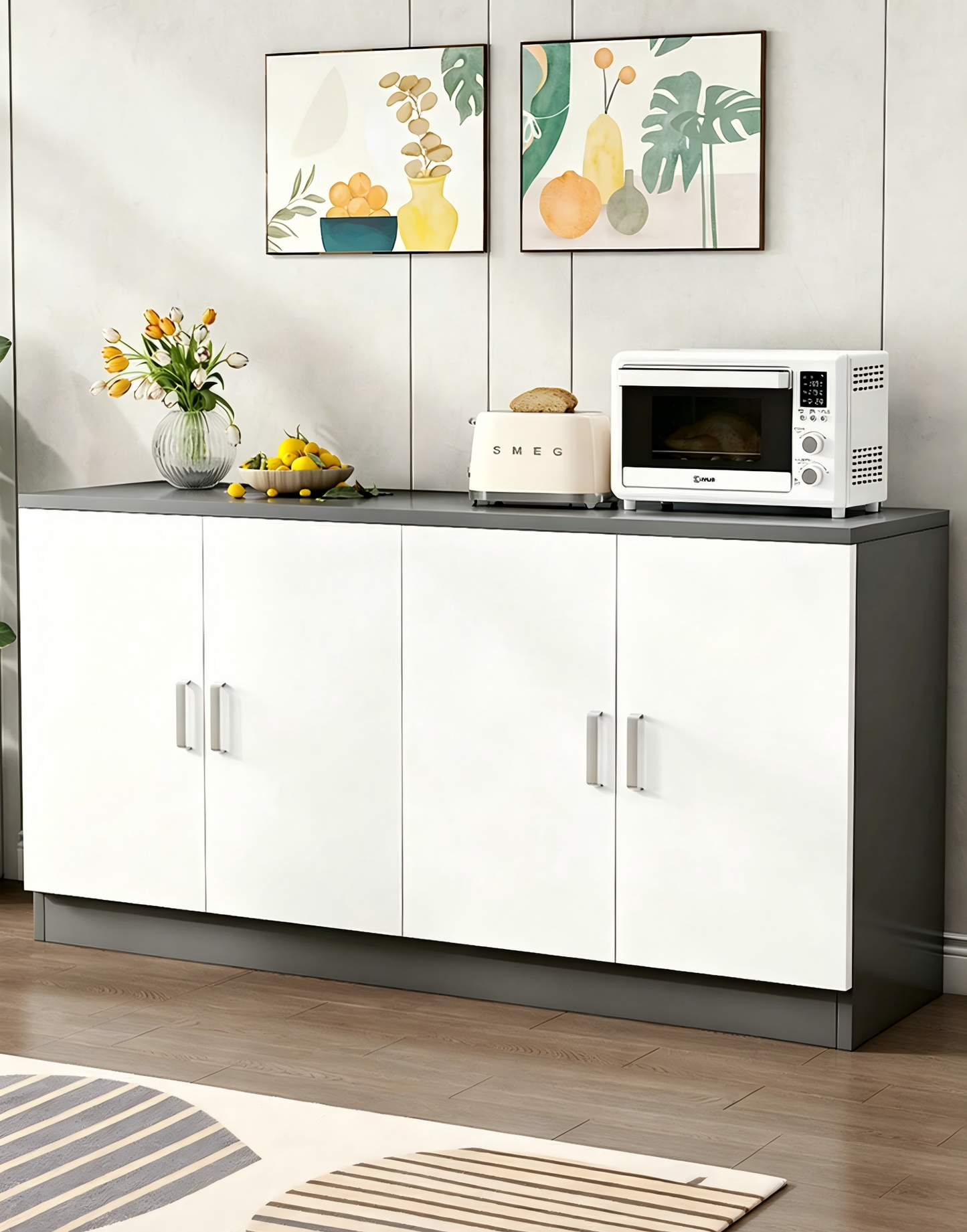 Brand New Assembled 4-door Sideboard Cabinet w/1 Adjustable Shelf, Storage Cupboard (Gray & White),-$160