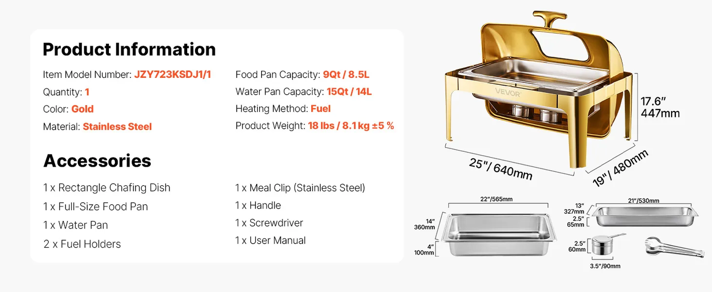 VEVOR Roll Top Chafing Dish Buffet Complete Set, 9Qt Stainless Steel Chafer with Full Size Pan,-$120