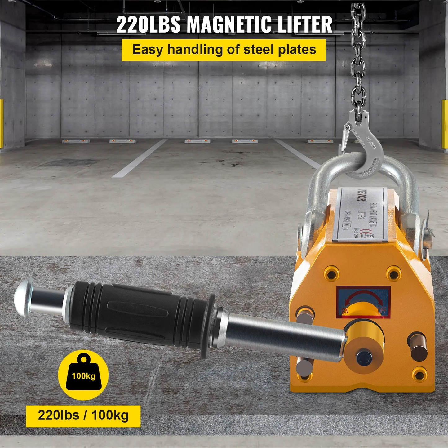 VEVOR Magnetic Lifter, 220lbs Pulling Capacity Steel Lifting Magnet, 100KG Permanent Lift Hoist Shop Crane
