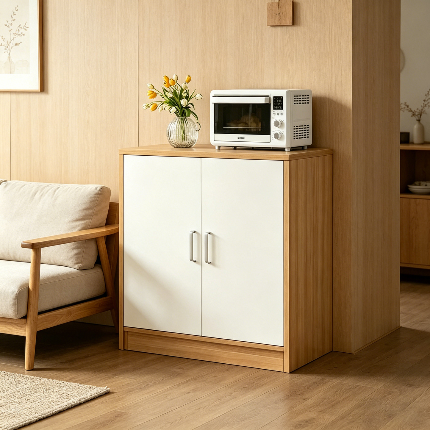 Brand New Assemble 2 Door Sideboard Cabinet, Light Walnut White Door,Wall Storage Cabinet,-$80