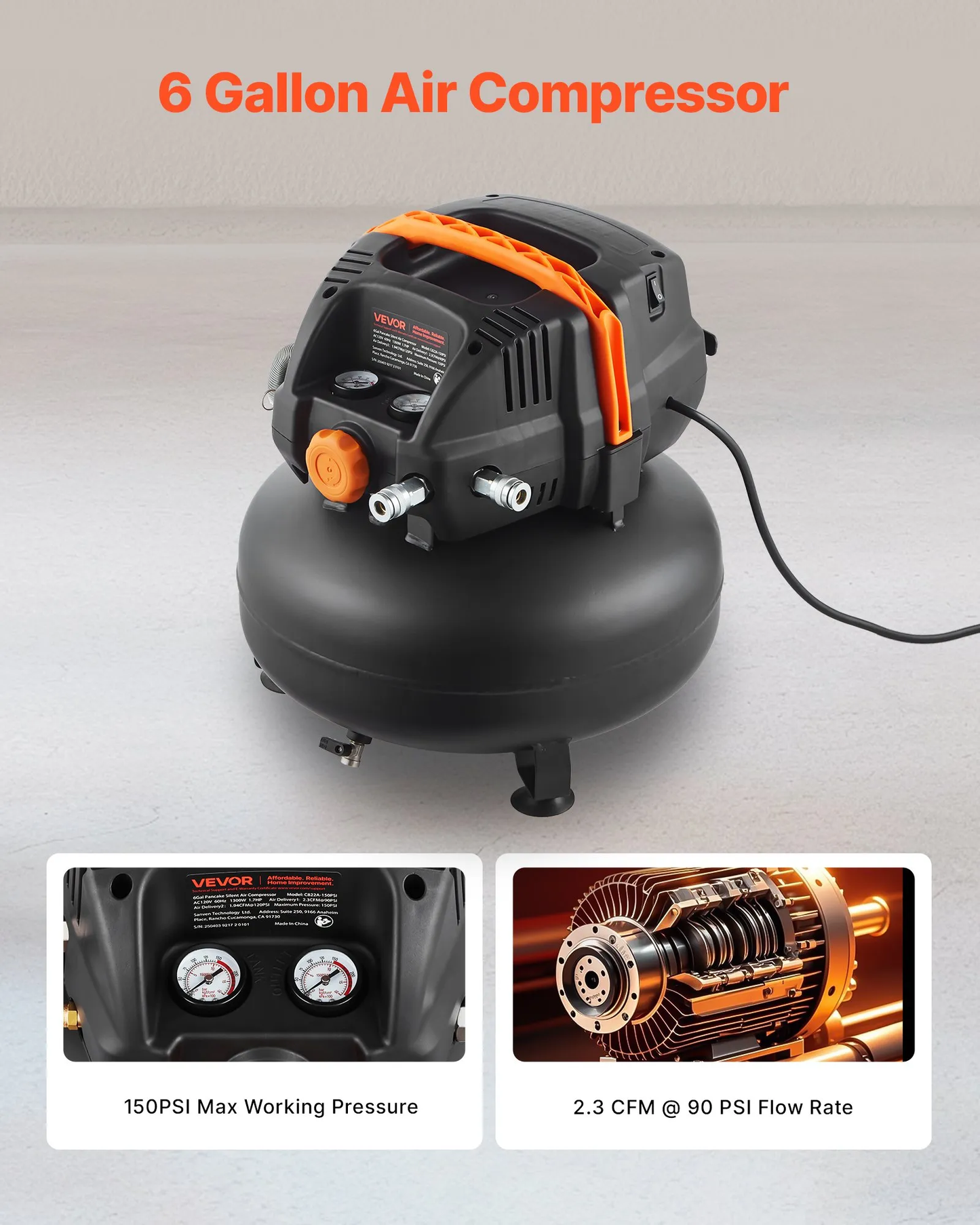 VEVOR 6 Gallon Air Compressor, 1.7HP 2.3CFM @ 90PSI Portable Pancake Air Compressor & 150PSI Max,-$130