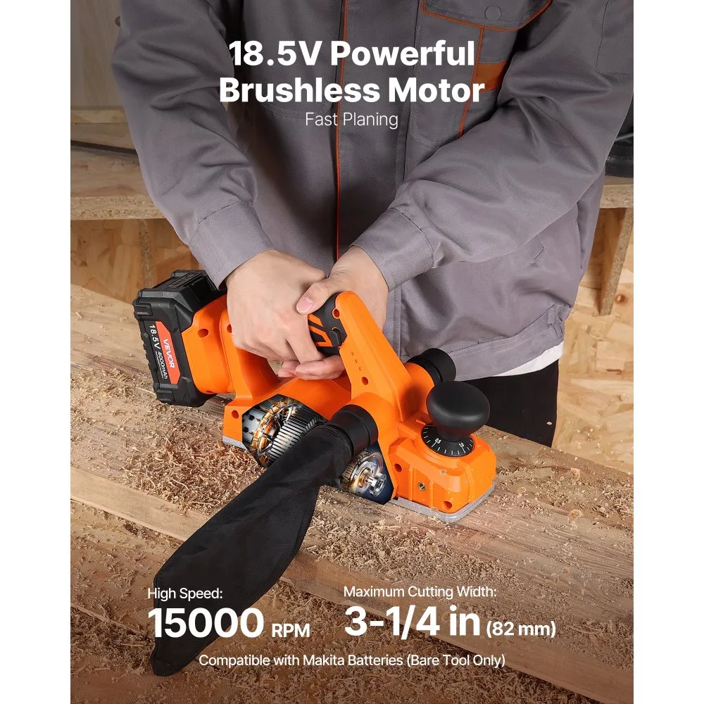 VEVOR Cordless Handheld Planer, 3-1/4-Inch Cut Width, 15000 RPM Electric Hand (Bare Tool Only),-$45