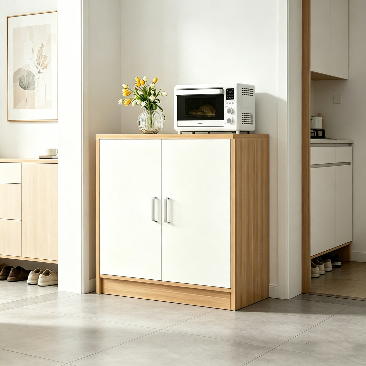 Brand New Assemble 2 Door Sideboard Cabinet, Light Walnut White Door,Wall Storage Cabinet,-$80