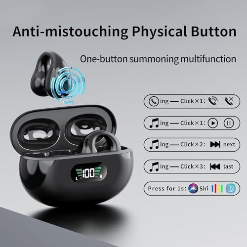 BNIB-Open Ear Clip Wireless Bone Conduction Earbuds, Built-in Microphone, Wireless Charging Case