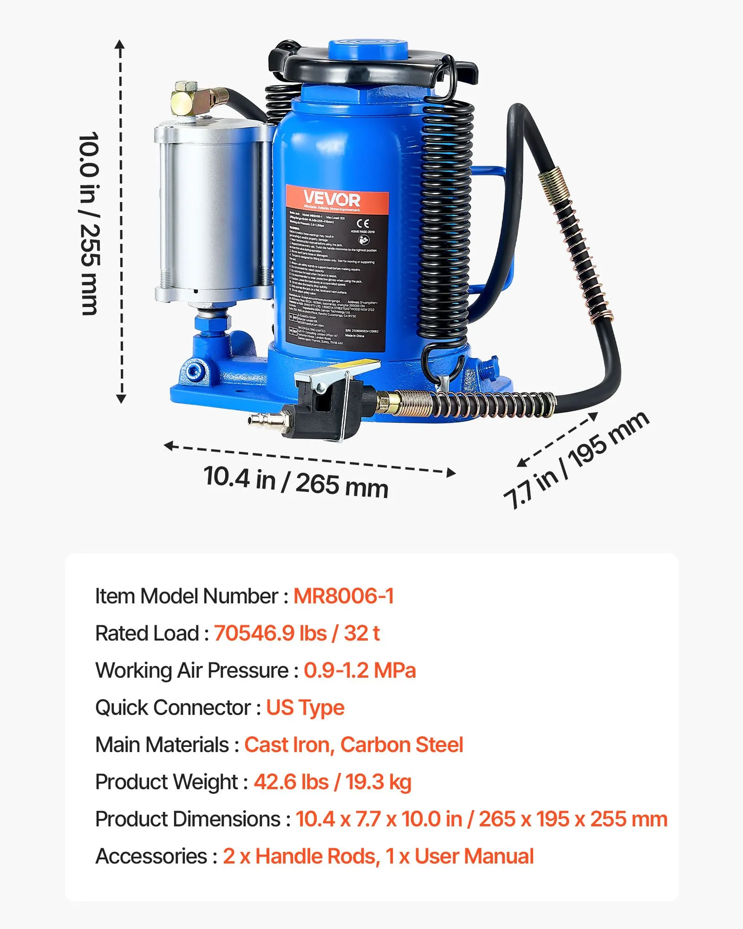 Open box, 90% new VEVOR Air Hydraulic Bottle Jack, 32 Ton (70546.9 lbs) Capacity, 10-16.3 Inch,-$80