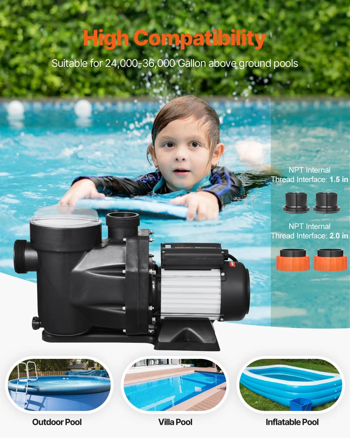 VEVOR Above Ground Pool Pump, 2 HP, 135 GPM Max Flow Single Speed Swimming Pool Pump,-$140