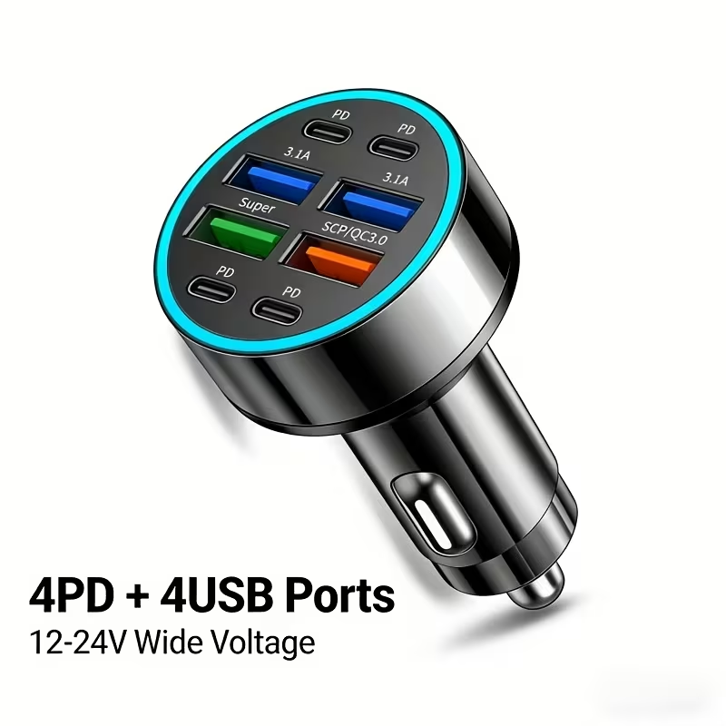 BNIB-100W 8-Port Fast Car Charger | 4 PD + 4 USB Multi Port Car Charging Hub, 12-24V Wide Voltage,-$10