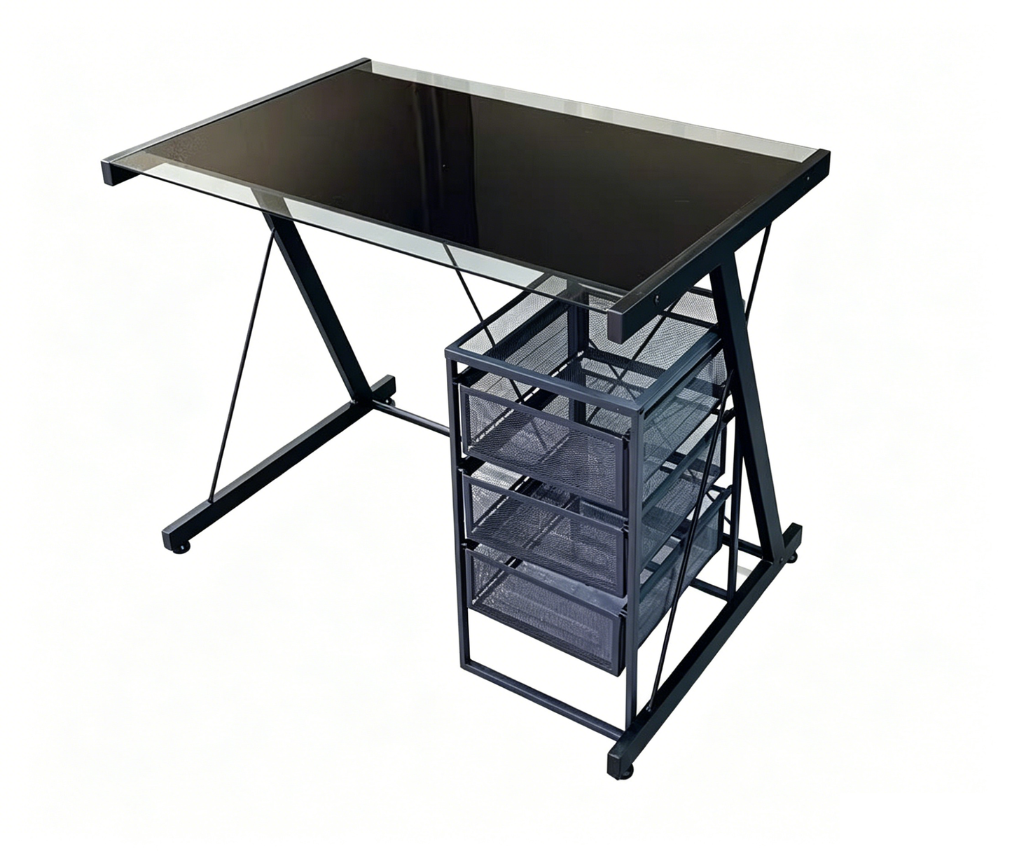 Brand New (Demo) Black Glass Top Desk with 3-Tier Mesh Drawer Unit,-$100