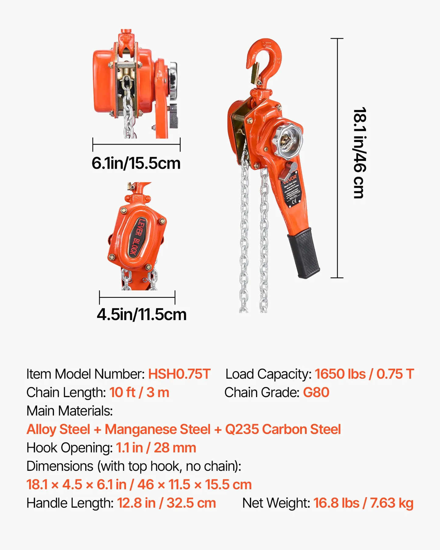 VEVOR Manual Lever Chain Hoist, 3/4T 1650LBS Capacity Heavy Duty Come Along, 10FT Lift G80 Alloy,-$40