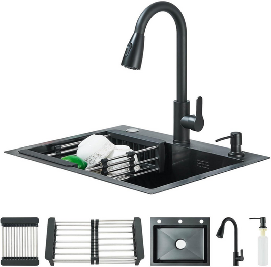 BNIB-Single Bowl Stainless Steel Kitchen  and Multiple Accessories,Black 21.65 x 17.7 x 8.27 in,-$120