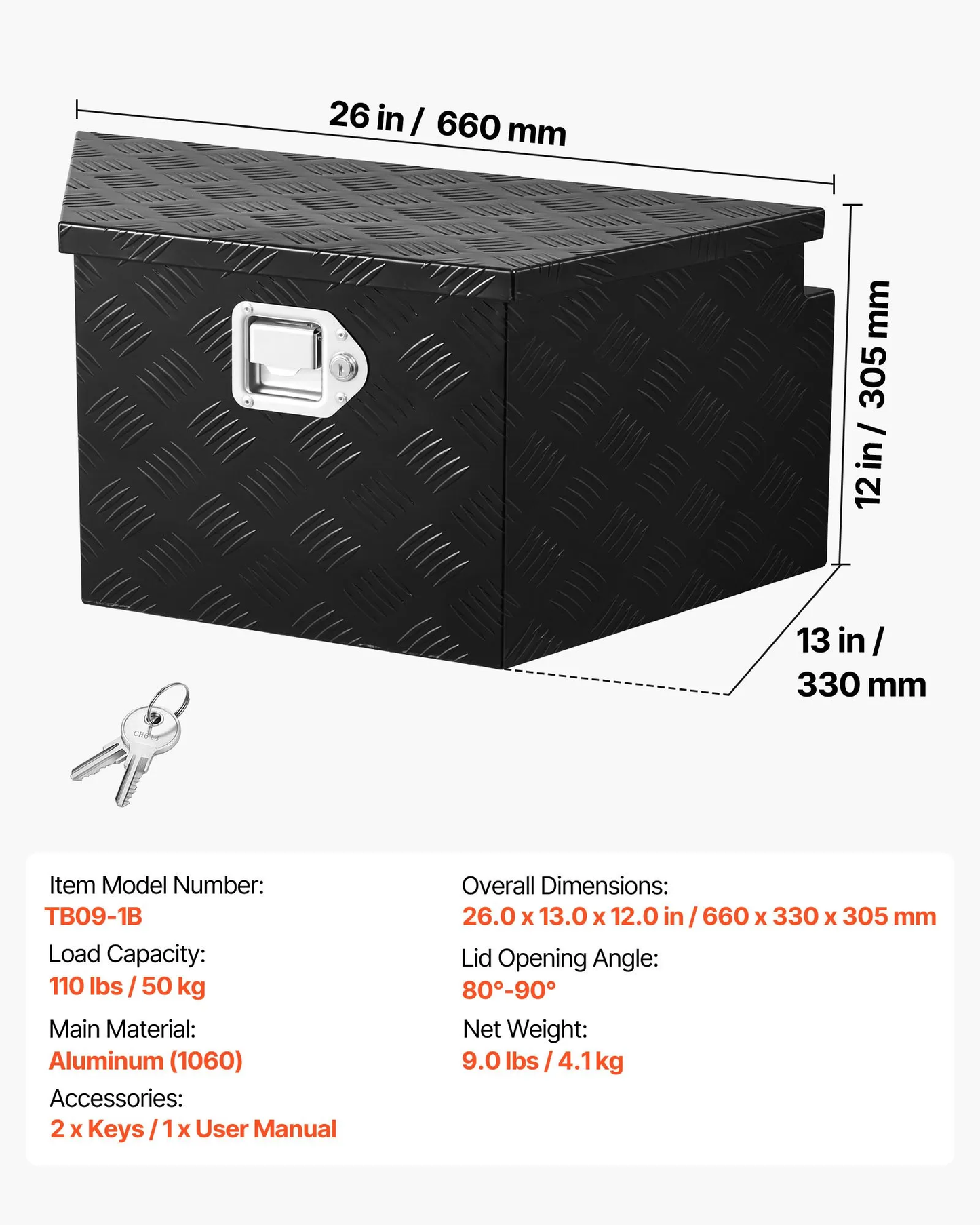 VEVOR Trailer Tongue Box, 26" x 13" x 12" Aluminum Trailer Tongue Tool Box, Heavy Organizer ,-$75
