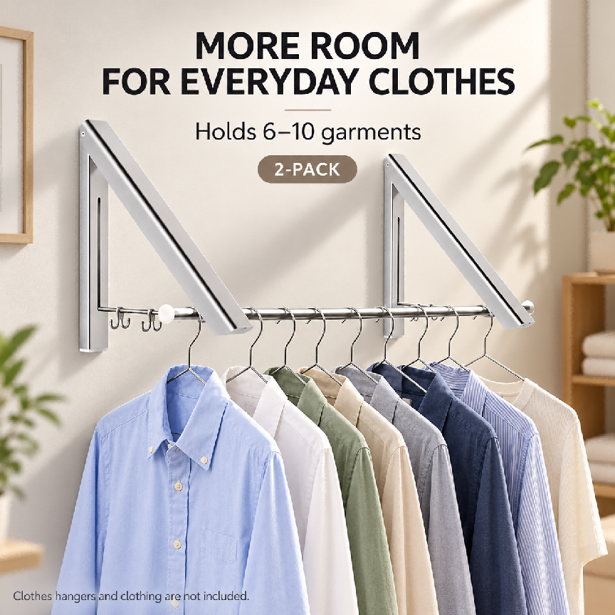 Folding Wall Mounted Clothes Hanger/Clothes Hanging System for Space Saving * 2 Packs