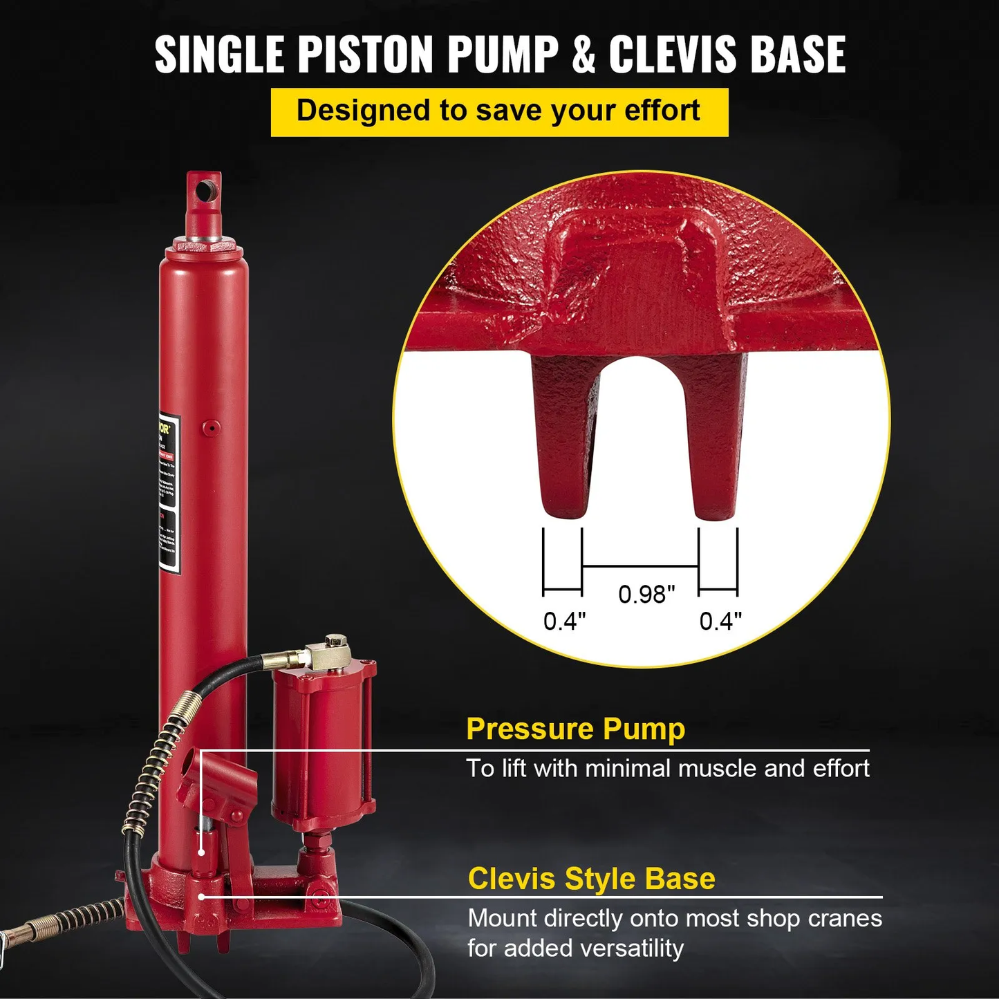 VEVOR Hydraulic/Pneumatic Long Ram Jack, 8 Tons/17363 lbs Capacity, with Single Piston Pump,Red,-$90