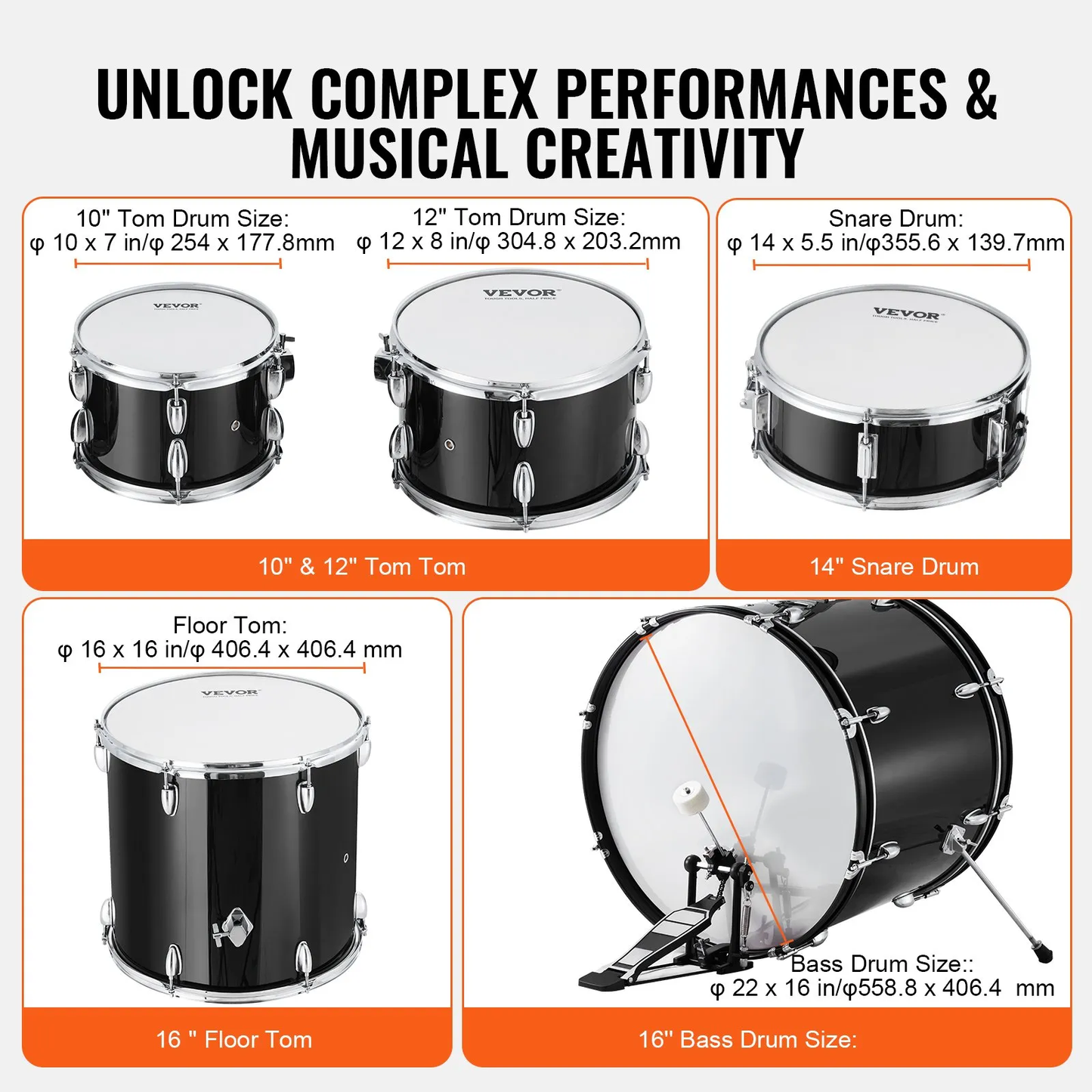 VEVOR Adult Drum Set, 5-Piece, 22 inches Complete Full Size Drum Kit with Bass Toms Snare Floor,-$260