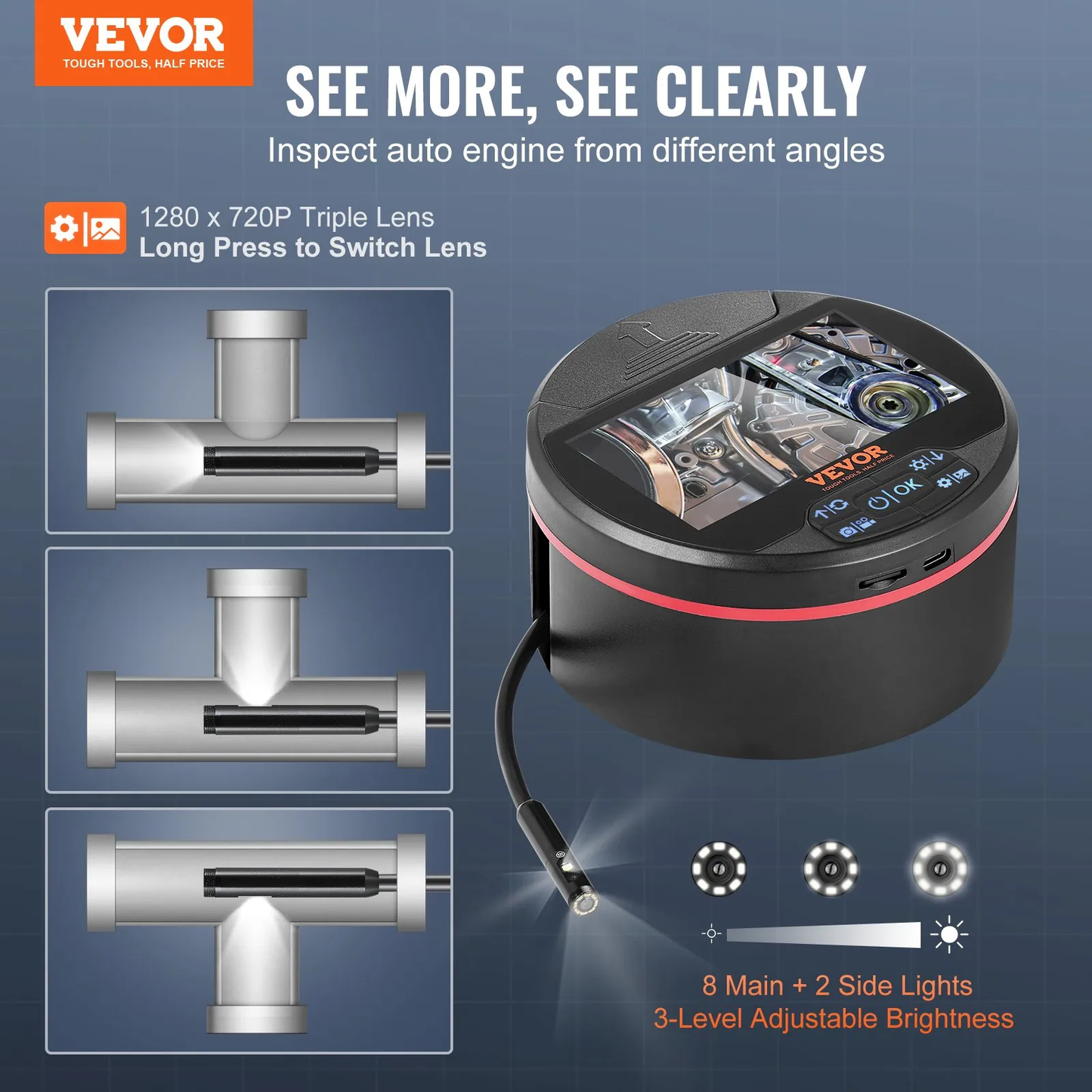 VEVOR Borescope Triple Lens Endoscope Camera, 4.3" IPS Screen Inspection Camera with 8 + 2 Lights,-$45