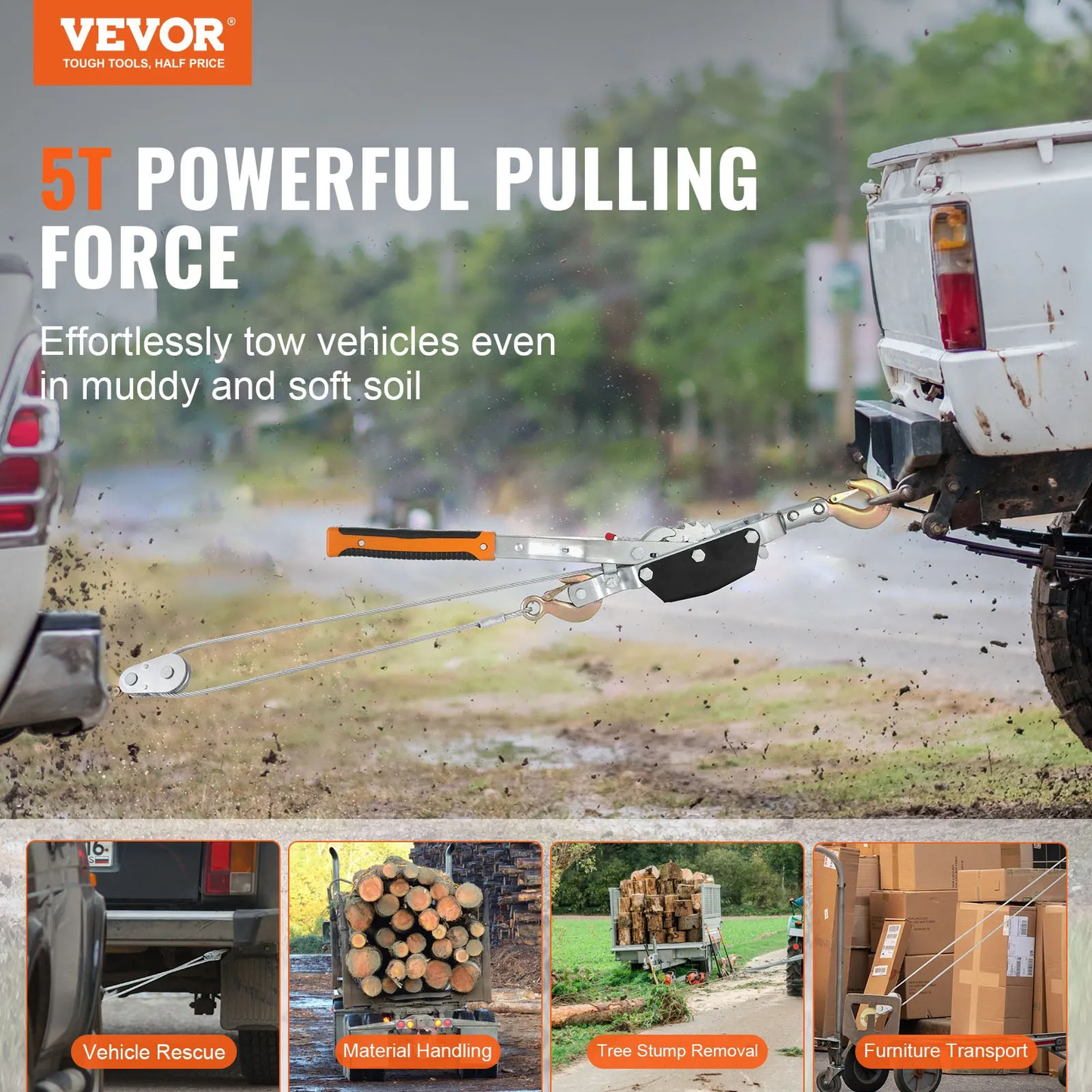 VEVOR Come Along Winch, 5 Ton (11,023 lbs) Pulling Capacity, 11.5 ft Steel Cable, 3 Hooks, -$45