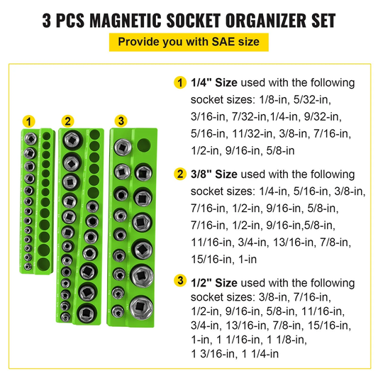 VEVOR 3-Pack SAE Magnetic Socket Organizers, 1/2-inch, 3/8-inch, 1/4-inch Drive Socket Holders Hold 68 Sockets