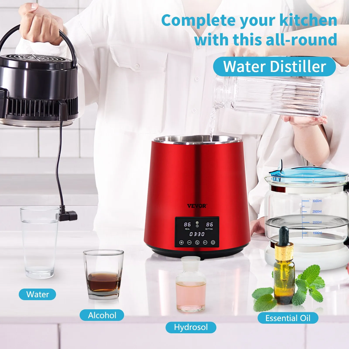 VEVOR Water Distiller, 1 L/H, 4L Distilled Water Maker w/ 0-99 H Timing, 750W Countertop Water Purifier,-$90