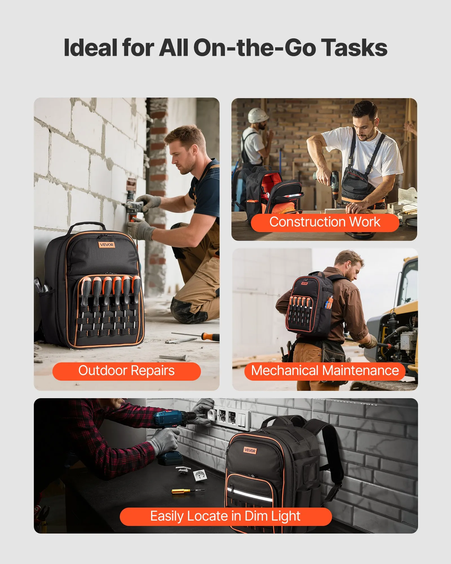 VEVOR Tool Backpack, 49 Pockets, Heavy-duty Tools Storage Organizer Work Bags ,-$30