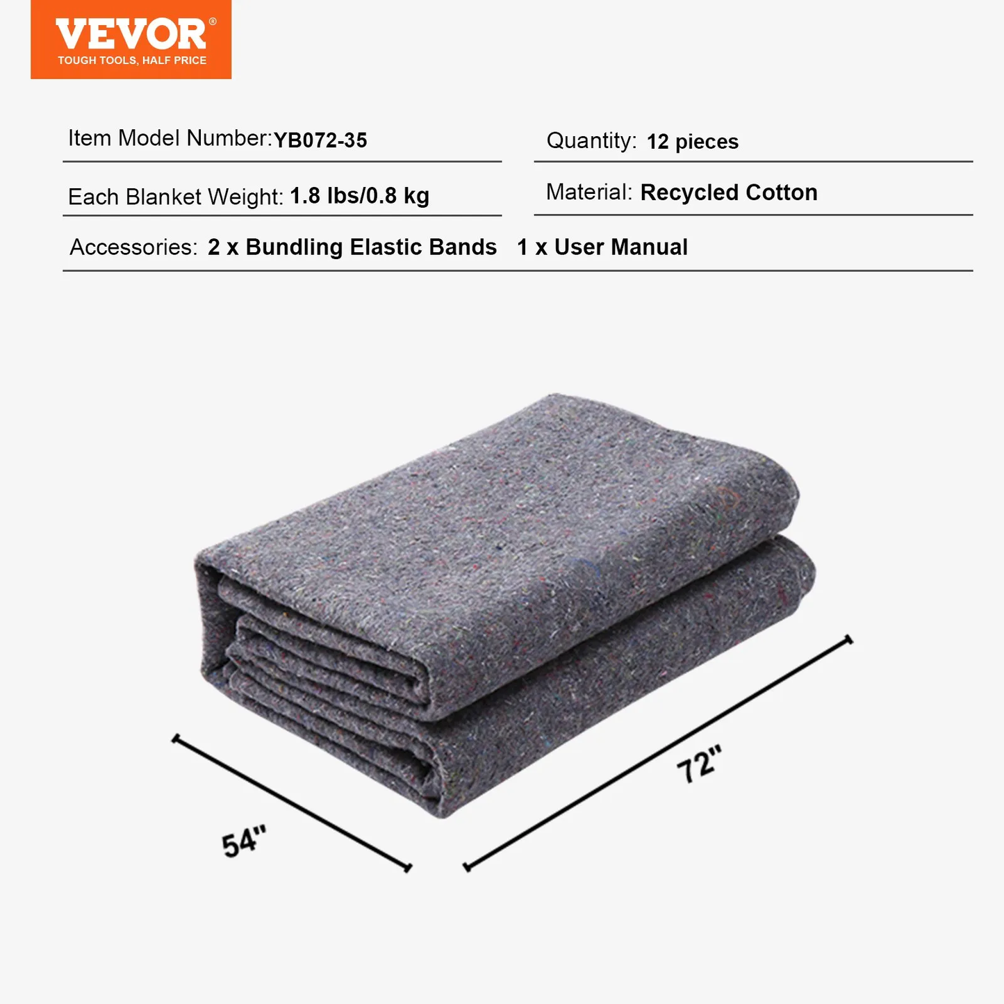 VEVOR Moving Blankets, 72" x 54", 21 lbs/dz Weight, 12 Packs, Professional Recycled Cotton Packing Blanket