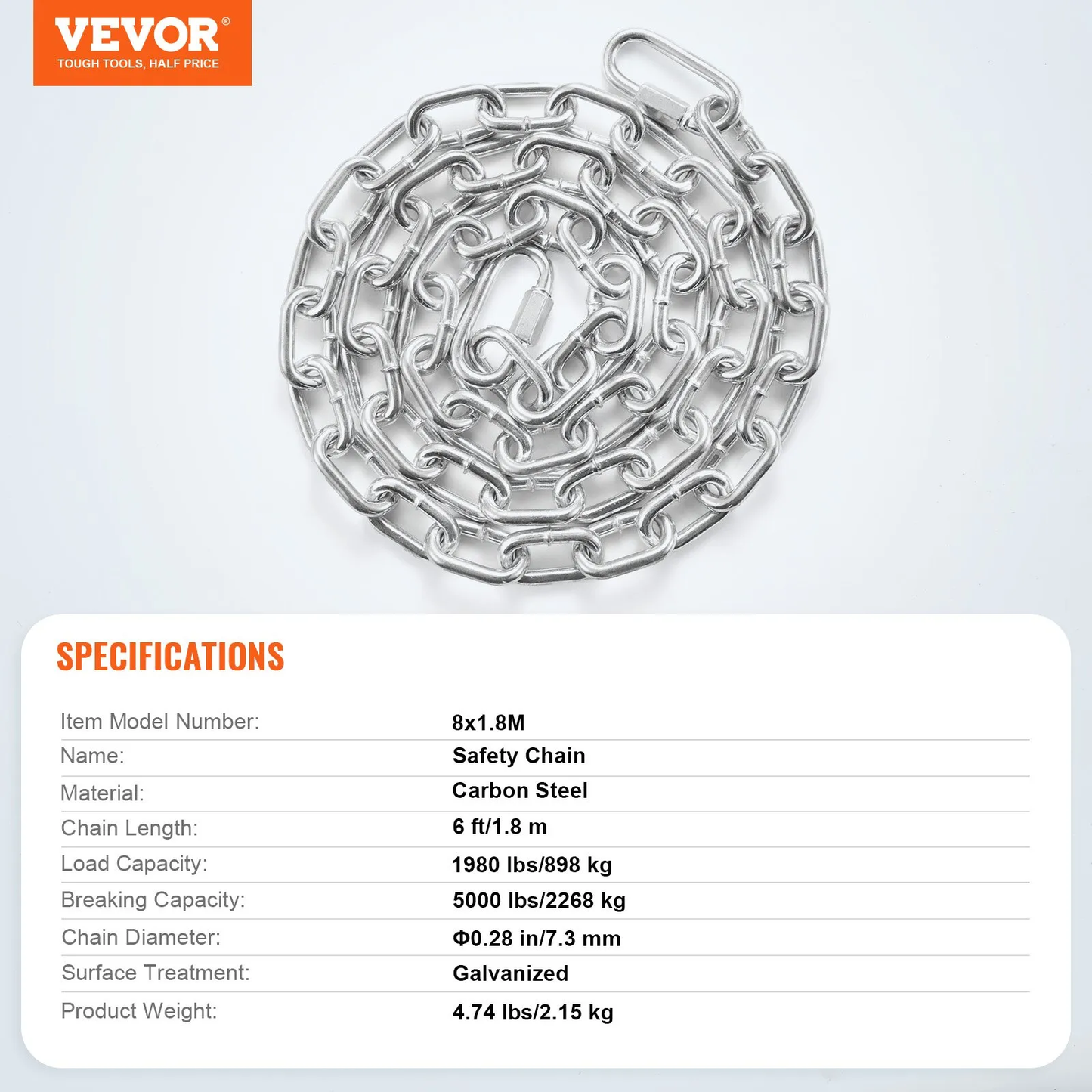 VEVOR Proof Coil Chain, 5/16" x 6', 1980 lbs Safe Working Load, Zinc Plated Proof Tested Coil,-$15