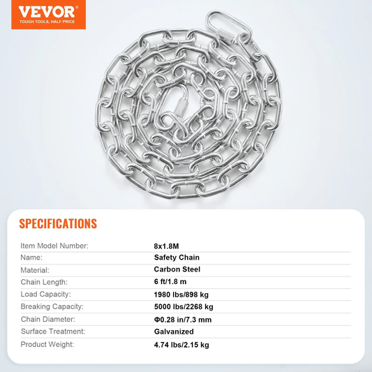 VEVOR Proof Coil Chain, 5/16" x 6', 1980 lbs Safe Working Load, Zinc Plated Proof Tested Coil,-$15