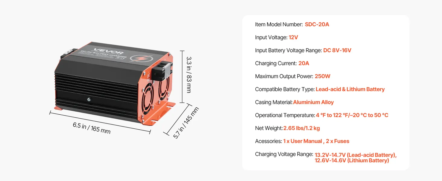 VEVOR 12V 20A DC to DC Battery Charger, 250W, On-Board Battery Charger for Lead-Acid, Lithium,-$60