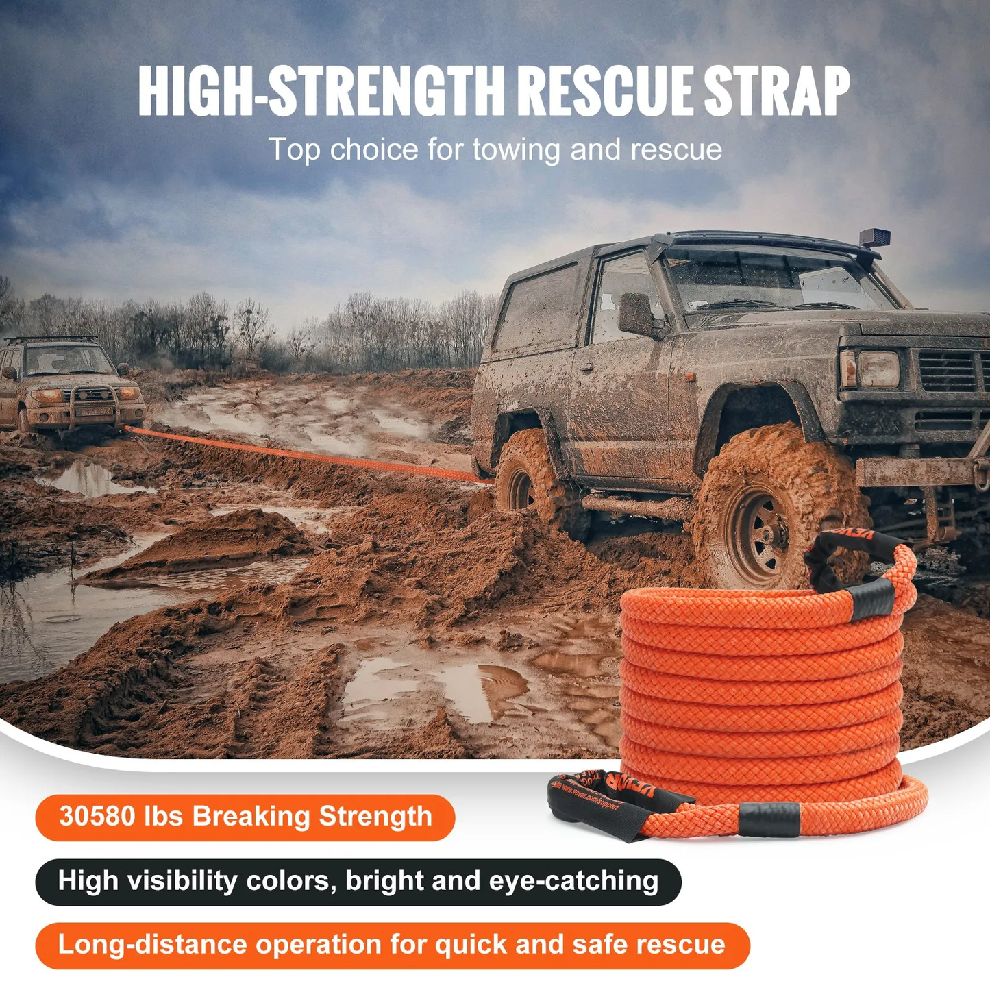 VEVOR 7/8" x 30' Kinetic Recovery Tow Rope 30580lbs, Heavy-Duty Off Strap w/2 Soft Shackles (41750lbs),-$70