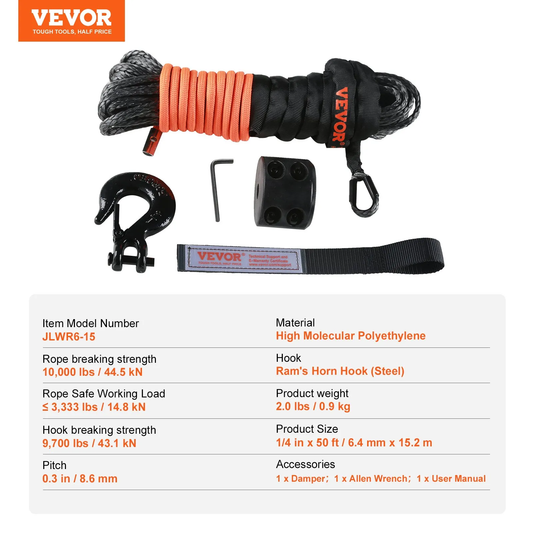 VEVOR Synthetic Winch Rope, 1/4 Inch x 50 Feet 10,000 lbs Synthetic Winch Line Cable Rope with Protective,-$25