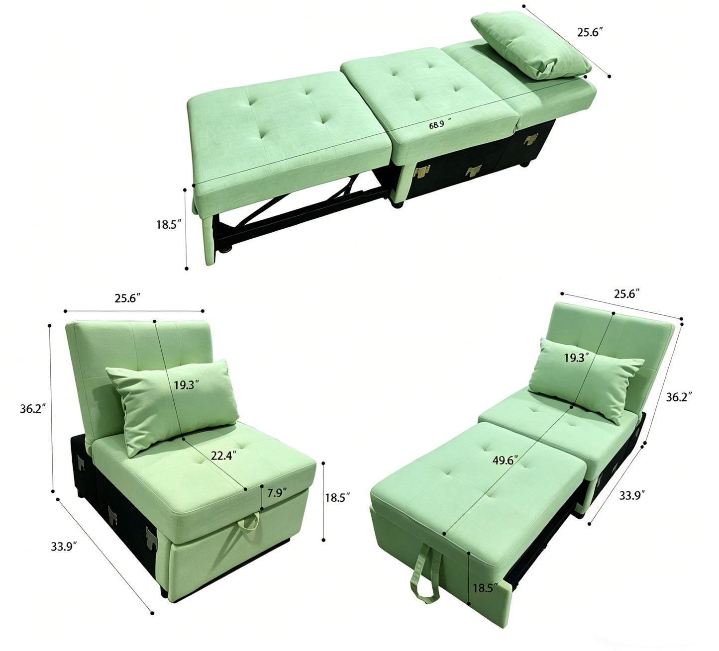 Brand New Assemble POVISON Chair Bed Sleeper, 3-in-1 Convertible Sofa Chair W/ Adj(Light Green),-$750/Set