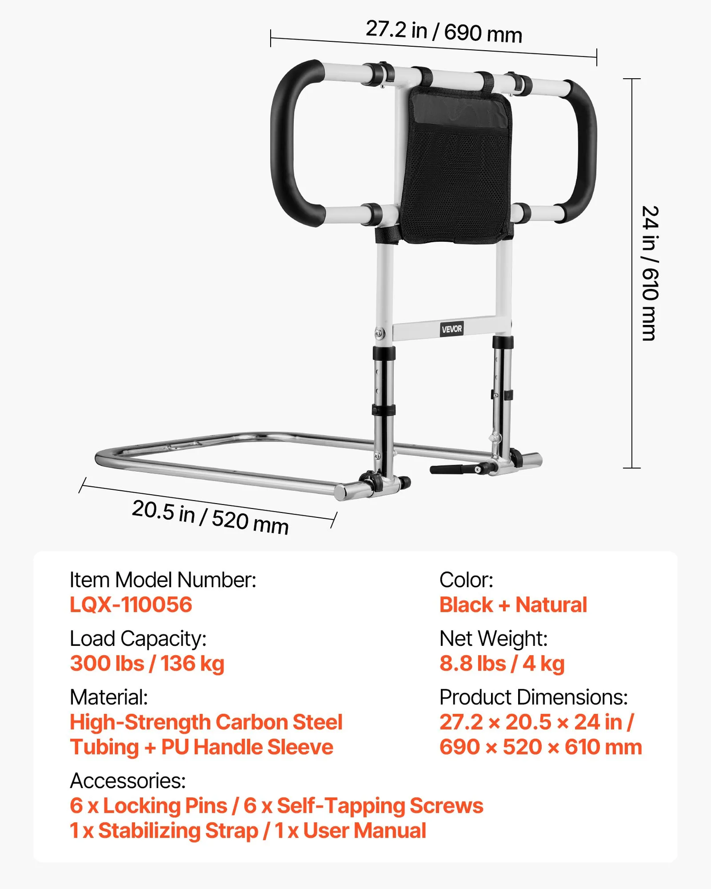 VEVOR Foldable Extendable Bed Assist Rail with Side PU Handles, Height Adjustable Carbon Steel,-$35